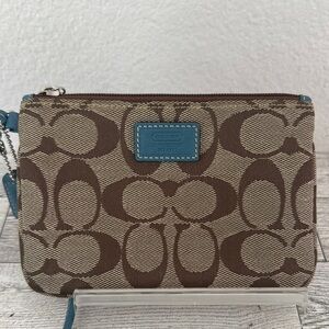 Coach Signature Tan/Brown Canvas & Teal  Leather Trim Wristlet